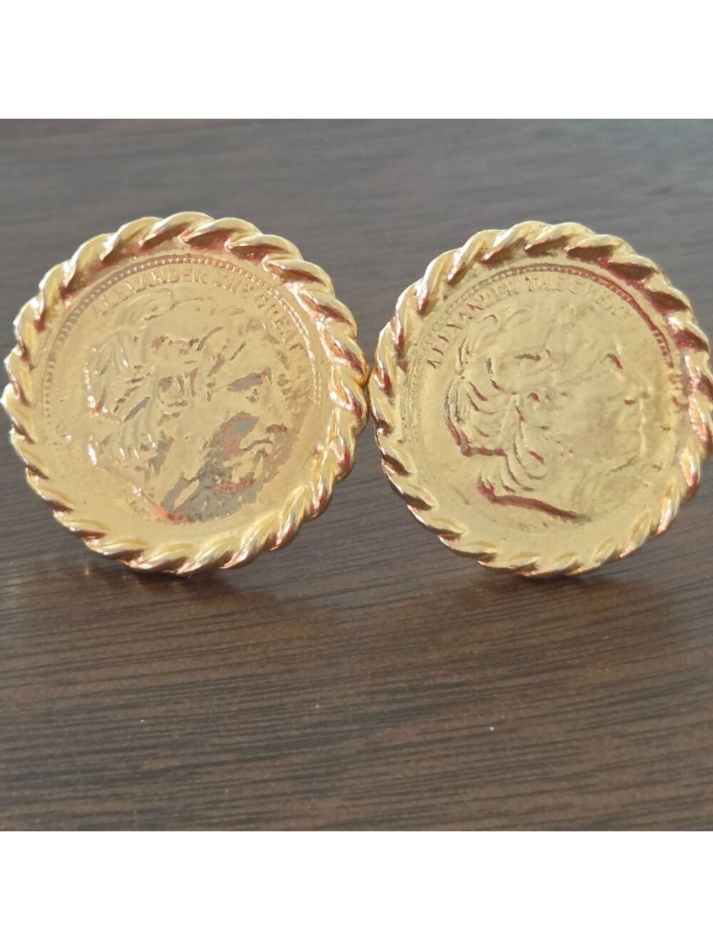 Vintage Round Gold Tone Alexander The Great Clip On Coin Earrings